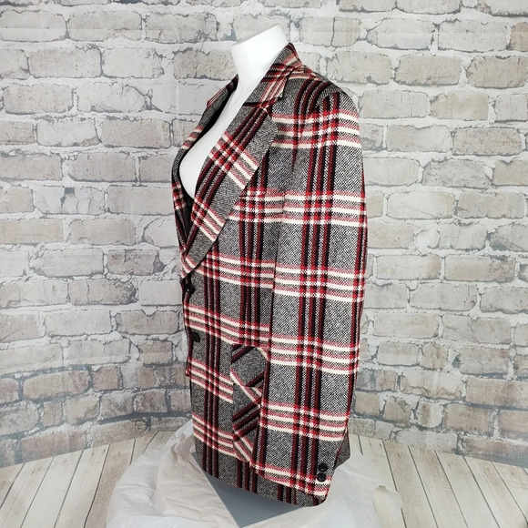 Vintage Men's Wool Blazer Red Black White Plaid 43 Regular Oversized - Picture 11 of 16